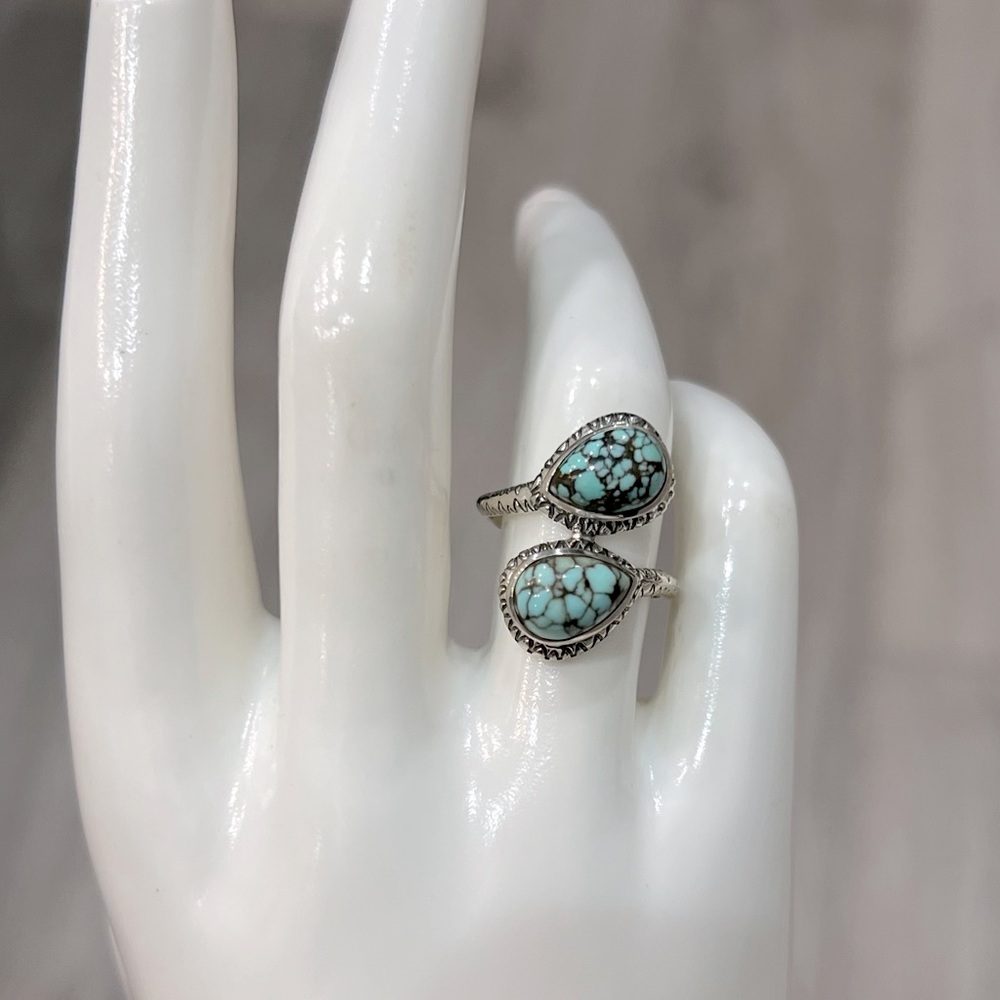Blue Moon Turquoise Teardrop Black Oxidized Sterling Silver Bypass Silver Ring - Picture 2 of 9